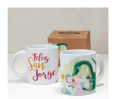 taza cerámica en caja con texto feliz san jorge